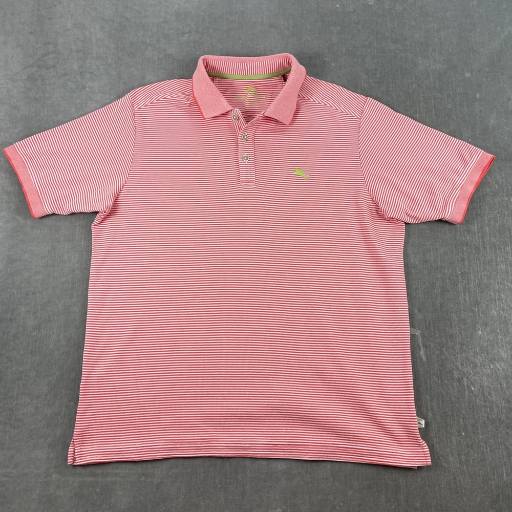 Tommy Bahama Men Large Red Striped Polo Shirt Pima Cotton Blend Short Sleeve